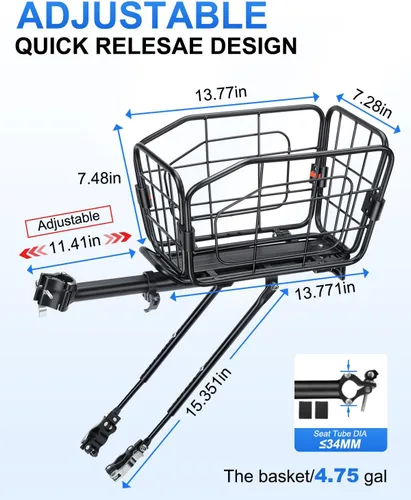 Vista 2 de Cesta trasera para bicicleta, estante de carga de aluminio para bicicleta, cesta de bicicleta de capacidad de 22 litros, plegable y extraíble
