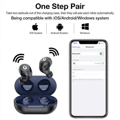 Vista 5 de X9 - Auriculares inalámbricos Bluetooth 5.3, auriculares impermeables estéreo con control táctil en la oreja, con micrófono, con graves profundos