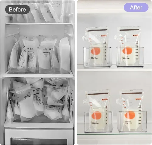 Vista 2 de Hudgan 4 Piezas Contenedores de Almacenamiento de Leche Materna para Refrigerador, Contenedores Organizadores Transparentes para Bolsas de Leche