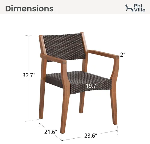Vista 9 de PHI VILLA Juego de 2 sillas de madera de acacia para exteriores, sillones de comedor resistentes con respaldo y asiento de mimbre, muebles