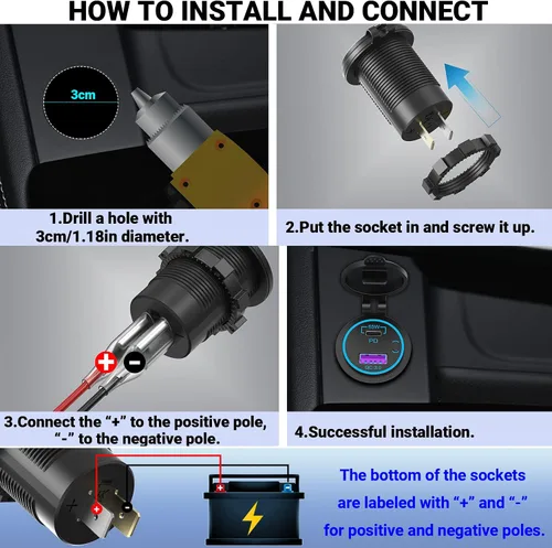 Vista 7 de Cargador de Portátil con Toma USB de 83W 12V: Paquete de 2 de 65W USB-C PD3.0 y 18W QC3.0 Puerto Múltiple para Coche Toma de 12V Impermeable