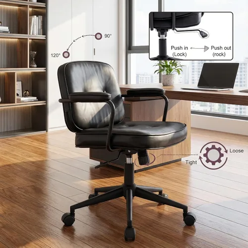 Vista 3 de LukeAlon Silla de escritorio ajustable de piel sintética, silla giratoria de 360° negra con reposabrazos, asiento grueso, botones y ruedas