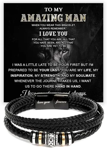 Vista 15 de Pulsera Para Mi Hombre, Pulsera Para Esposo Regalo De Esposa, Pulseras Para Hombres Regalo, Pulseras De Cuero Trenzado Y Acero Inoxidable Con