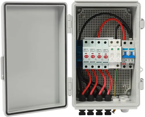 Vista 4 de Caja combinadora fotovoltaica, 4 cuerdas, caja combinadora solar con fusible de corriente nominal de 10A, disyuntor de 63A, arreste de rayos