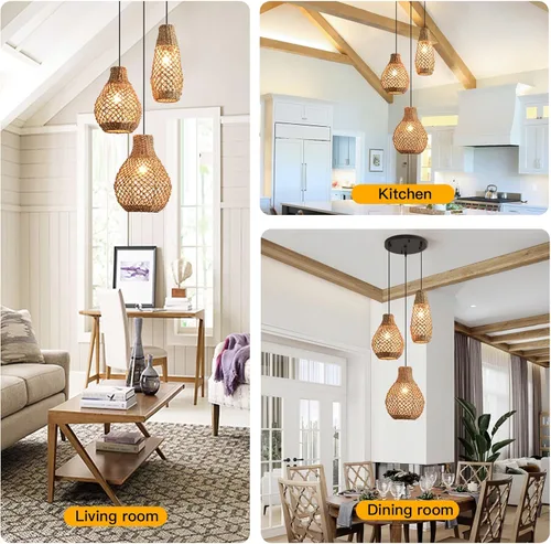 Vista 7 de Lámpara colgante de ratán de 3 luces, estilo bohemio, tejido de mimbre, costero, para colgar en el techo, para cocina, isla, sala de estar, comedor