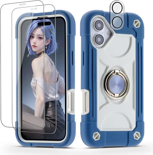 Vista 8 de Funda para iPhone 11 de 6.1 pulgadas con soporte de anillo, con 2 protectores de pantalla de vidrio, resistente a los golpes, resistente a