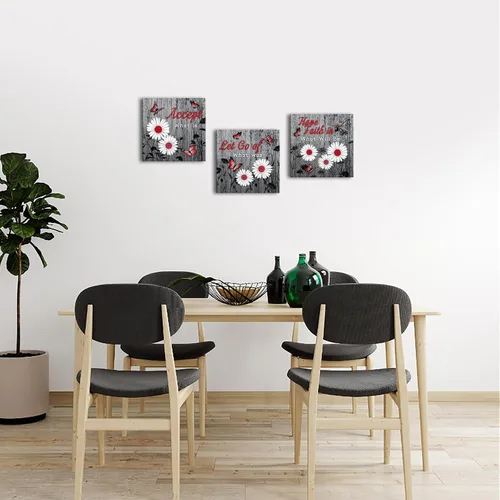 Vista 4 de SkenoArt Arte de pared de flores para dormitorio, lienzo de mariposa gris y roja, citas florales de margaritas, imágenes inspiradoras, decoración