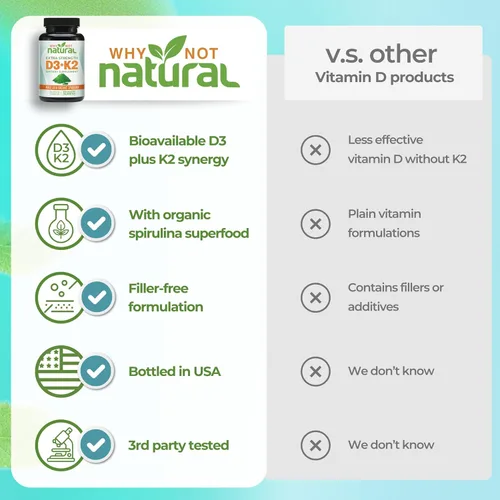 Vista 5 de Why Not Natural Vitamina D3 K2 (MK-7) con espirulina orgánica, suplemento extra fuerte de 10000 UI en cápsulas vegetales, apoya la salud ósea