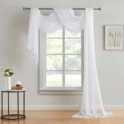 Vista 8 de Warm Home Designs Cortinas de lujo para sala de estar de 63 pulgadas de largo. Cortinas transparentes de lino con patrón de rayas punteadas.