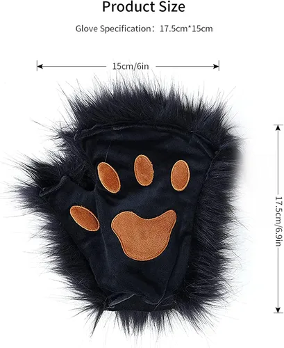Vista 5 de HAOAN Guantes de pata de lobo de piel sintética para gatos, guantes sin dedos, para invierno, cálidos, cosplay, Halloween, fiesta de disfraces