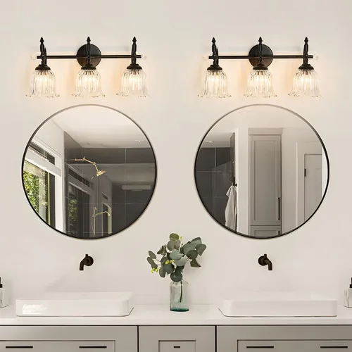 Vista 6 de CVKASH Accesorios de Lámpara de Tocador de Baño de 3 Luces Sobre Espejo, Lámpara de Tocador Moderna Negra con Pantalla de Vidrio, Aplique de Pared