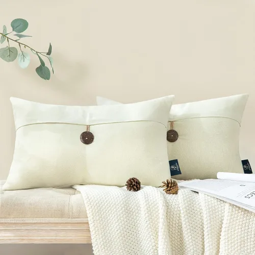 Vista 12 de Phantoscope - Juego de 2 fundas de almohada decorativas estilo campestre, de botón de coco premium y lino vintage, color blanco hueso, para sofá