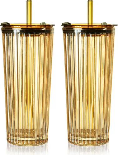 Vista 13 de Puraville Paquete de 2 vasos de vidrio de 18 onzas con tapas y pajitas, cristalería gruesa con patrón de diamante vintage para whisky, cóctel