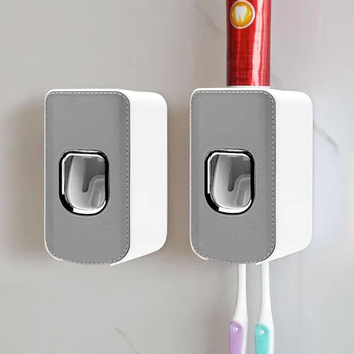 Vista 28 de Soporte de plástico para cepillos de dientes de 2 ranuras y dispensador de pasta de dientes montado en la pared, exprimidor automático de pasta