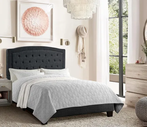 Vista 9 de Rosevera Carlisle Marco de cama con cabecera ajustable con botones para dormitorio, tapizado de lino, soporte de listones de madera, fácil montaje