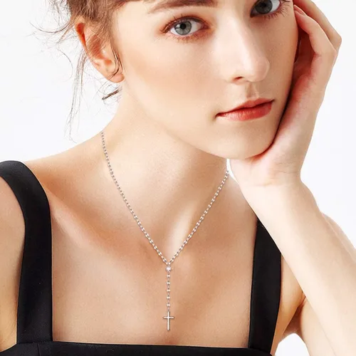 Vista 3 de EVER FAITH Encantador collar de plata 925 en forma de Y, circonita cúbica blanca con colgante de cruz religiosa Lariat, regalo de joyería