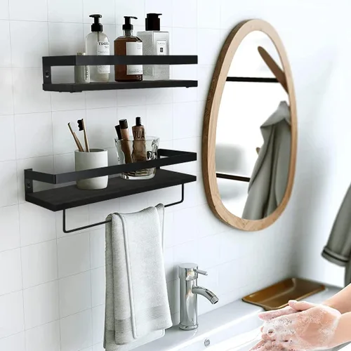Vista 2 de Y&ME YM Estantes flotantes negros con toallero, juego de 2 estantes de baño para colgar en la pared, estantes decorativos flotantes de madera
