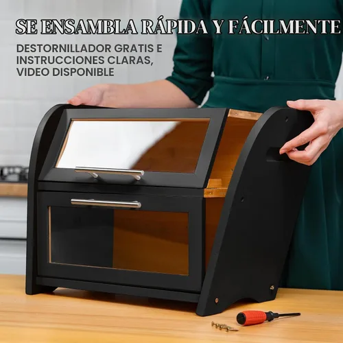 Vista 6 de Arise Panera de Bambú Elegante para Encimera de Cocina, Contenedor de Almacenamiento de Pan de Madera Extra Grande de 2 Estantes con Ventanas Negro