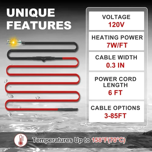 Vista 6 de MAXKOSKO Cable calefactor para tubería de 7 pies para protección contra congelamiento de tuberías de agua, cinta calefactora para tuberías
