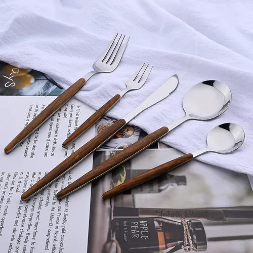 Vista 8 de Juego de cubiertos de acero inoxidable con mango de efecto de madera Cubiertos pulidos con espejo plateado, utensilios de cocina para el hogar