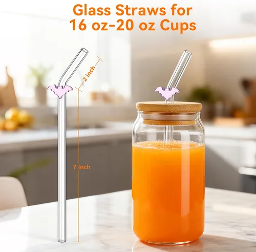Vista 5 de Pajitas de cristal hechas a mano con dije de murciélago – Pajitas de borosilicato dobladas reutilizables de 9 pulgadas para vasos de 16 oz/20 onzas