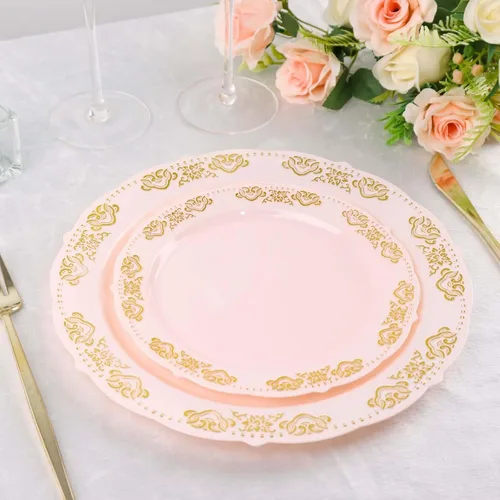 Vista 11 de Efavormart - Paquete de 10 platos desechables de 7 pulgadas transparentes con borde vintage burdeos, elegantes platos de postre de plástico