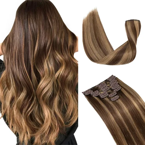 Vista 34 de Extensiones de cabello con clip, cabello humano Remy, extensiones de cabello largo lacio de una pieza con 5 clips, con gancho para colgar