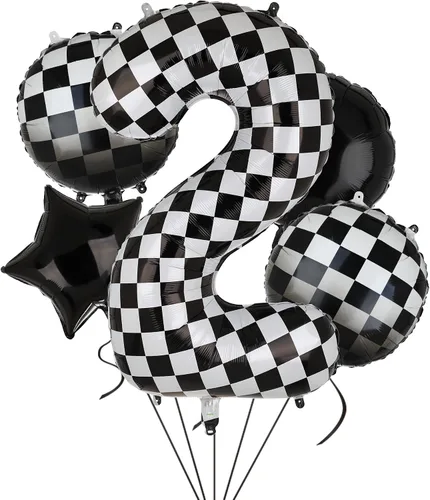 Vista 9 de Globo de números a cuadros de 40 pulgadas 0 globos de cumpleaños de coche de carreras en blanco y negro, globos de cumpleaños para bebé, hippie
