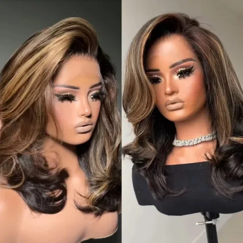 Vista 3 de #1B/4/27 - Pelucas de cabello humano corto ondulado en capas con reflejos degradados 13x4 HD transparente con encaje frontal, pelucas de cabello