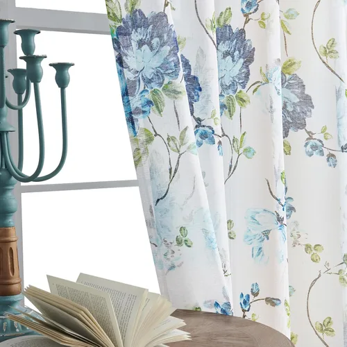 Vista 5 de FOLKSIDE - Cortinas florales azules, 63 pulgadas de largo, juego de 2 paneles, bolsillo para barra, cortinas florales semitransparentes
