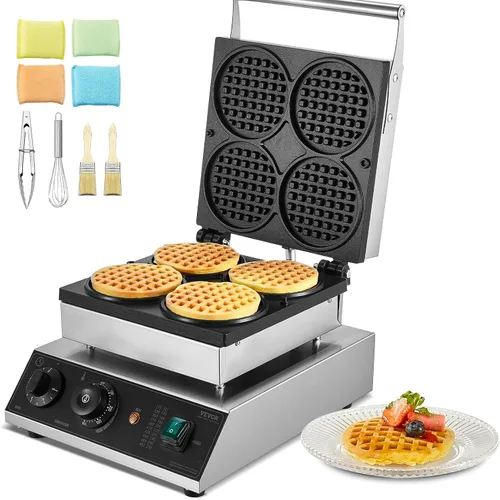 Vista 13 de VEVOR Gofrera Comercial, Máquina de Waffles Redonda de 1230W, Plancha de Waffles Belga Antiadherente de Acero Inoxidable con Control de Temperatura