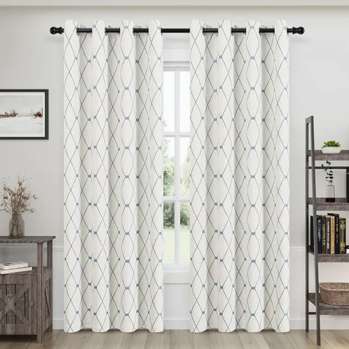 Vista 9 de Joywell Cortinas jacquard con ojales para sala de estar, 108 pulgadas de largo, línea ondulada negra con patrón de puntos, cortinas bordadas