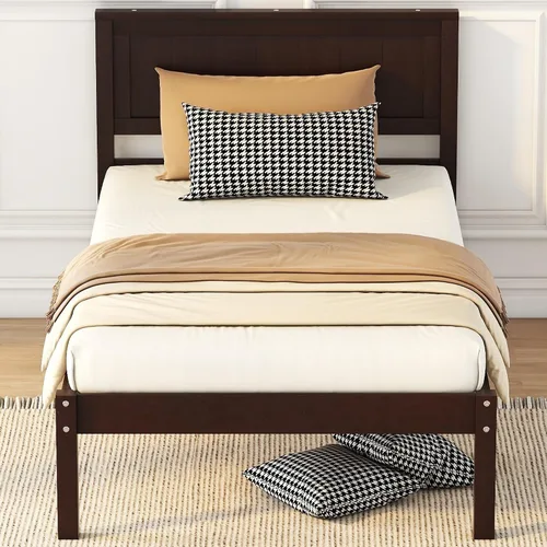 Vista 4 de Harper & Bright Designs Base de cama de madera de tamaño individual con cabecero y estribo, no necesita somier, espresso