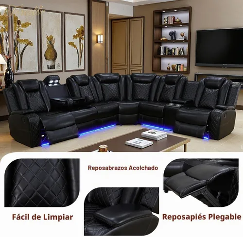 Vista 7 de Juegos de muebles de sala de Toseslo, juego de sofá reclinable eléctrico, seccional de 2 reclinables de cuero negro con luz LED, juegos modernos
