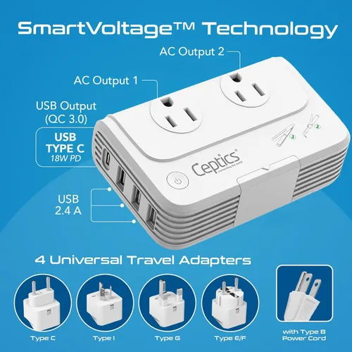Vista 4 de Adaptador de conexión universal a tierra Ceptics, 4 USB + convertidores 150 W, Blanco