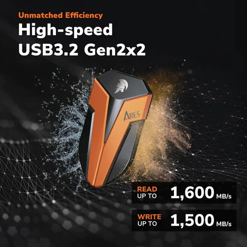 Vista 2 de DATO SSD externo de 1 TB, SSD portátil ARES Amber Shield, hasta 1600/1500 MB/s, compatible con OTG, IP67 impermeable USB 3.2 Gen 2x2 tipo C unidad