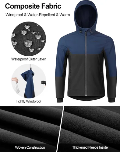 Vista 4 de KUTOOK Chaqueta Softshell con capucha para hombre, senderismo, esquí, nieve, cortavientos, resistente al viento, térmica, reflectante