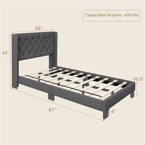 Vista 2 de GIANTEX - Base de cama individual para niños, cama tapizada de tela moderna con cabecera capitoné con botón de alas en la parte trasera, listones