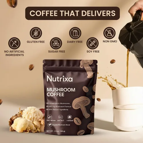 Vista 7 de Café de hongos orgánico de 11.99 oz (56 porciones) – 6 hongos adaptogénicos para energía, concentración y salud intestinal – Mezcla instantánea