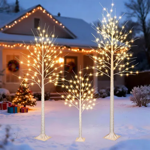 Vista 7 de iBaycon Árboles de abedul de 4 pies, 6 pies y 8 pies, juego de 3 árboles de abedul LED iluminados con temporizador de 8 modos, árboles preiluminados