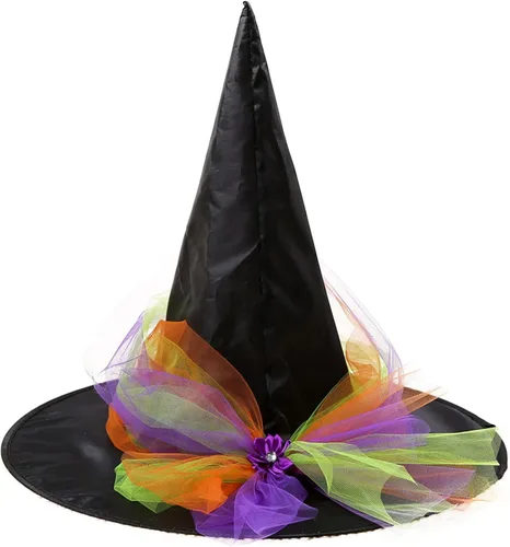Vista 4 de Haitryli Disfraz de bruja con temática de Halloween para mujer, falda tutú de malla arcoíris y sombrero mágico