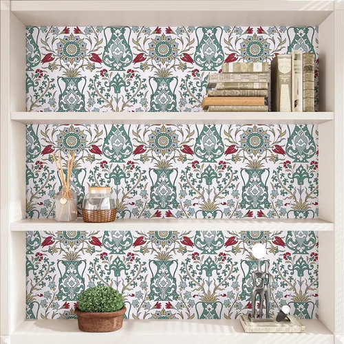 Vista 5 de CRE8TIVE Papel tapiz bohemio de 24 x 118 pulgadas, diseño floral árabe, papel tapiz removible, papel tapiz de vinilo verde/rojo/amarillo para pared