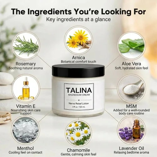 Vista 3 de TALINA Loción para aliviar los nervios, crema de cloruro de magnesio, crema neuropatía para pies y piernas con árnica montana, extracto de aloe