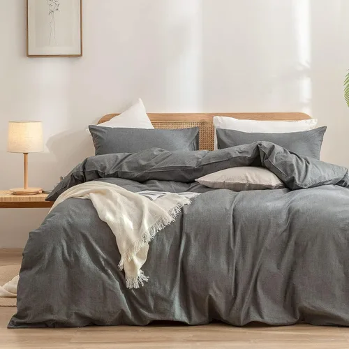 Vista 27 de BESTOUCH Juego de funda de edredón 100 % algodón lavado, tacto súper suave, cómodo, elegante, ligero, juego de ropa de cama de 2 piezas, color gris