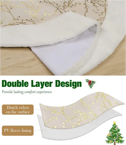 Vista 3 de Lewondr Falda de árbol de Navidad de 48 pulgadas, copos de nieve de lentejuelas doradas de felpa blanca para decoración de árbol de Navidad, beige