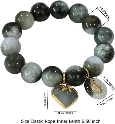Vista 3 de Pulsera de jade tailandés de 0.55 pulgadas – Cuentas redondas a rayas verdes naturales Pulsera elástica de energía curativa con dije de corazón