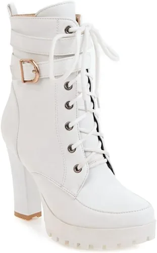 Vista 10 de MIOKE Botines de tacón alto con plataforma y puntera redonda para mujer, con cordones, cremallera y tacón alto grueso, botines cortos Forro