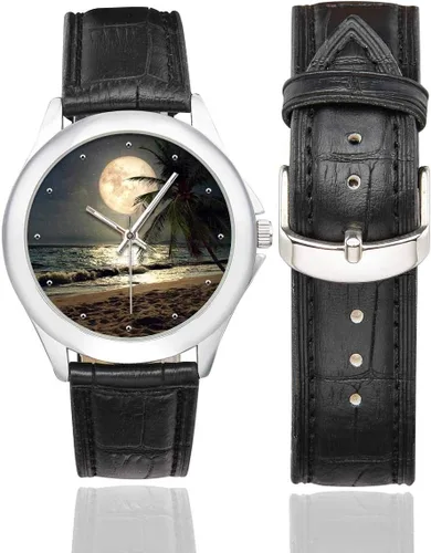 Vista 2 de Palm Tree over Tropical Beach - Reloj de pulsera de cuero clásico para mujer, resistente al agua, color negro