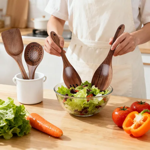 Vista 2 de Cucharas de Madera para Cocinar - Juego de 7 Piezas de Utensilios de Cocina de Madera, Juego de Utensilios de Madera de Teca Natural Suave
