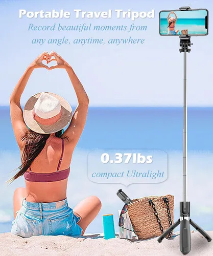 Vista 6 de Trípode para selfie stick extensible para teléfono con control remoto inalámbrico, portátil, ligero, para grabación de video, trípode de viaje